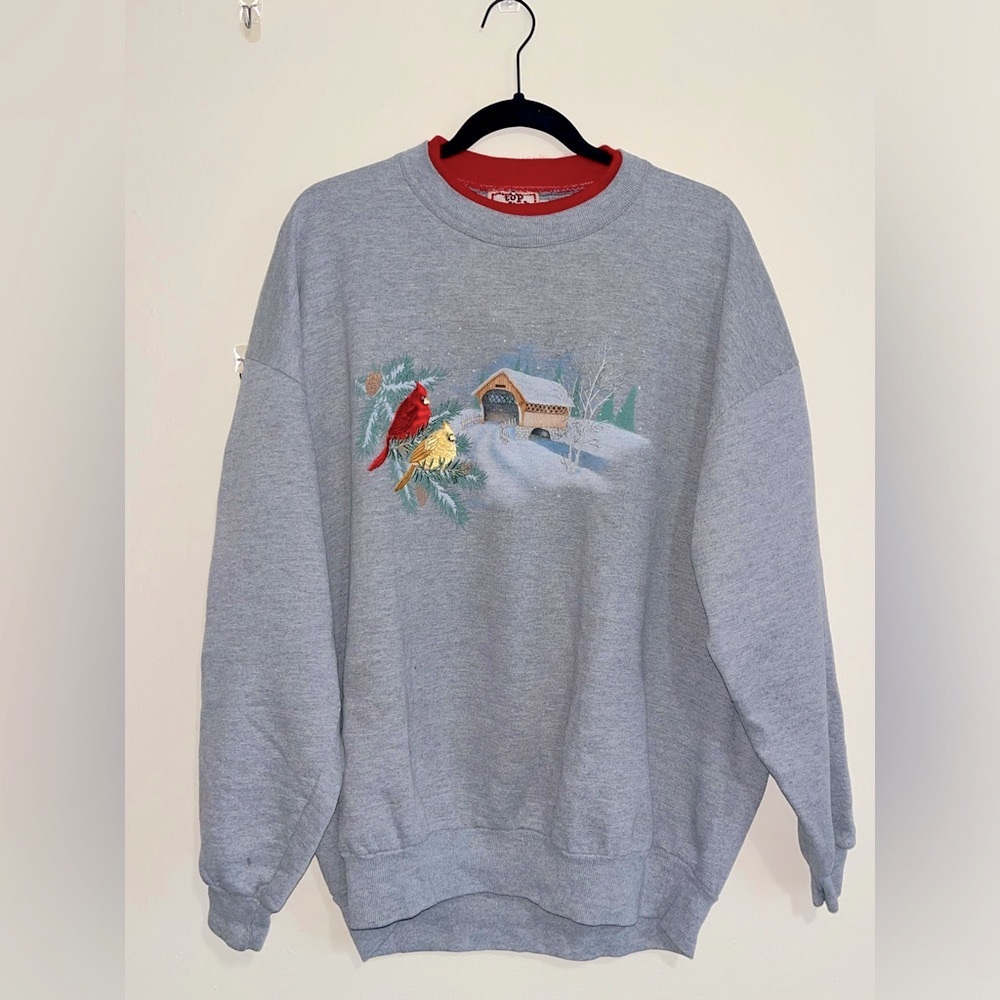 vintage crew-neck Christmas sweatshirt w/ embroidered birds